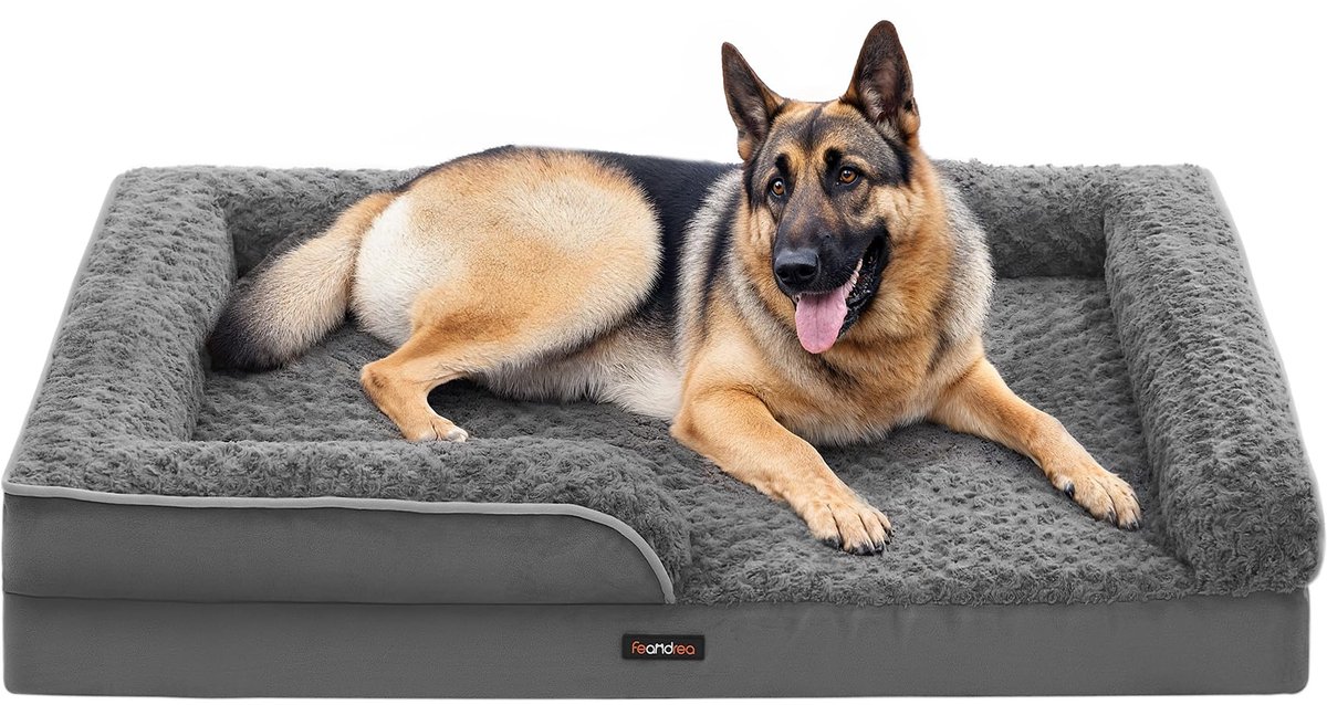 Feandrea orthopedisch hondenbed voor grote honden, waterdichte hondensofa met afneembare pluche hoes, 122 x 85 x 16 cm, leigrijs PGW254G02