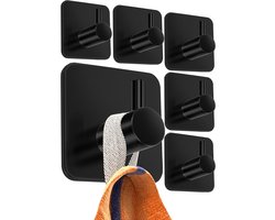 TOVBMUP Handdoekrek zonder boren - Set van 6 - Zwart - Handdoekrek van roestvrij staal - Functionele klevende haak - Hoge draagkracht - Waterdichte badkamerhaak - Zelfklevende haak - Handdoekhaak