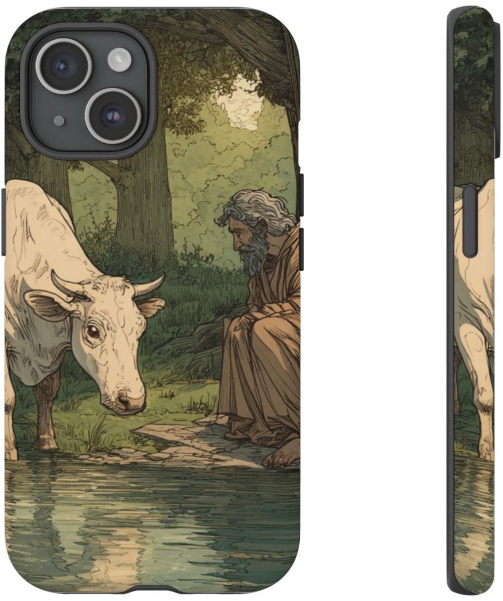 Witte Koe en Bebaarde Man aan Rivieroever – Telefoonhoesje Geschikt voor iPhone 15