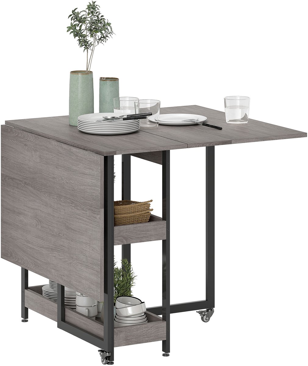 Homcom Inklapbare Eettafel met Wielen - Klaptafel Keukentafel Eethoek - Grijs Grau