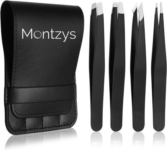 Montzys® 4-Delige Pincet Set - Epileer & Manicure - RVS Pincetten voor Wenkbrauw - Inclusief Opbergetui
