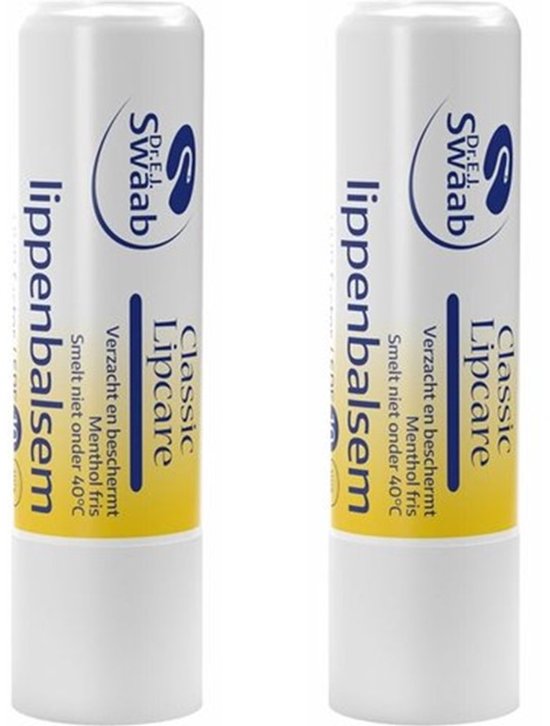 Twee Dr. Swaab Classic Lipcare lippenbalsemsticks met de tekst 'Verzacht en beschermt, Menthol fris, Smelt niet onder 40°C'.