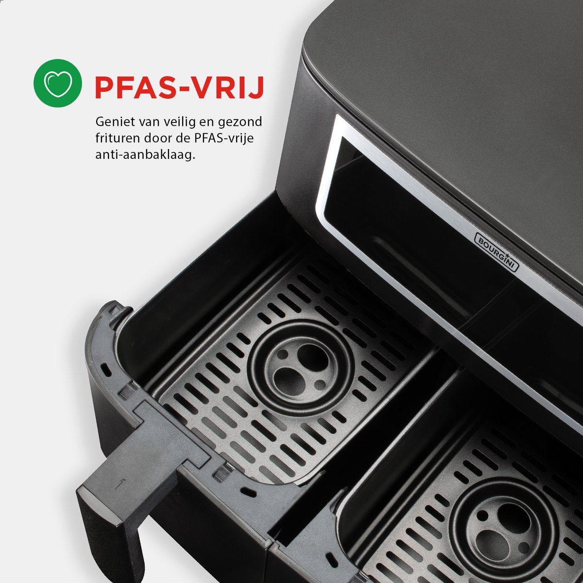 Afbeelding 3 van Bourgini Duo Heteluchtfriteuse 2 x 4.0L - PFAS vrij - Airfryer XXL - 2 laden met synchronisatie functie - Touchscreen - 8L - 2600W - Zwart