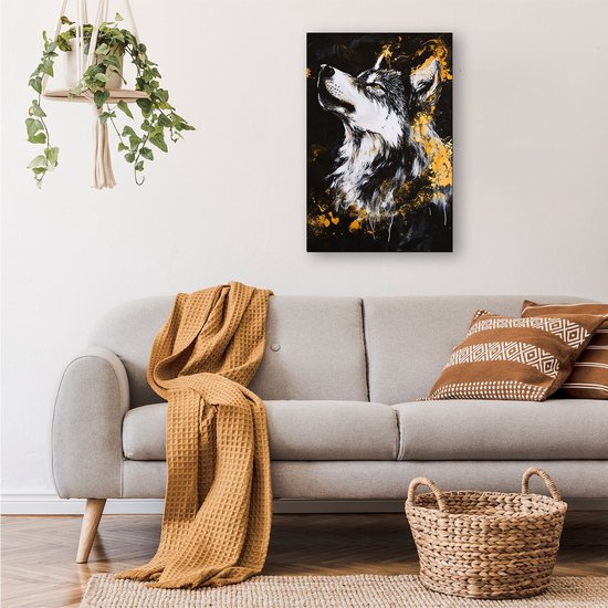 Loup noir et blanc à reflets dorés - Peinture sur verre représentant un loup - Décoration murale animalière en verre - Expressionnisme - Art sur acrylique - Décoration murale pour chambre d'enfant - Verre acrylique 70 x 105 cm