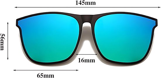 Afmetingen van vierkante zonnebril met blauwgroene spiegelende glazen.