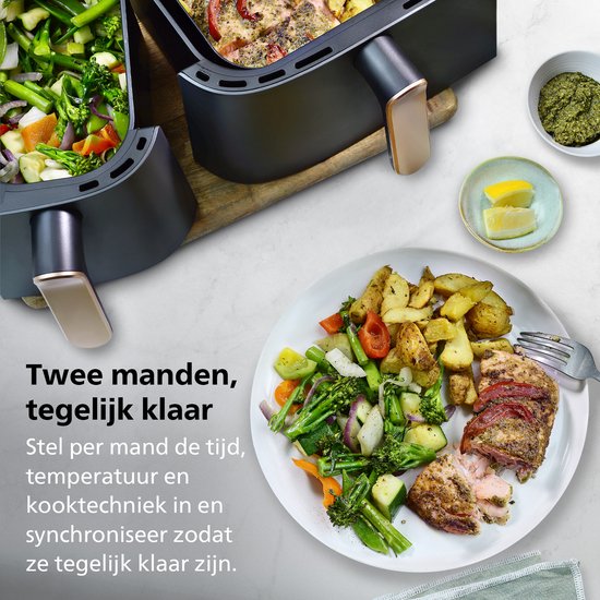 Philips 3000 Series Dual Airfryer - NA351/00 - Dubbele Mand - 9L - Tot 6 Personen - Zwart/Zilver