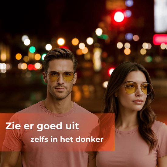 Man en vrouw met zonnebril met gele glazen, tegen een nachtelijke achtergrond van stadslichten.