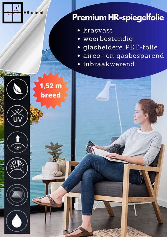 Foto: Zonwerende zelfklevende reflecterende premium hr spiegelfolie extra brede raamfolie 152 x 800 cm zilver voor binnen en buiten uv straling en inkijk werend geschikt voor hr dubbelglas beschermd tegen hitte