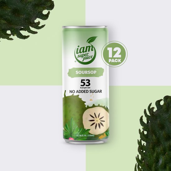 Grote soursop vruchten met een blikje 'iam super juice' Soursop fruit drink, met een '12 PACK' sticker.