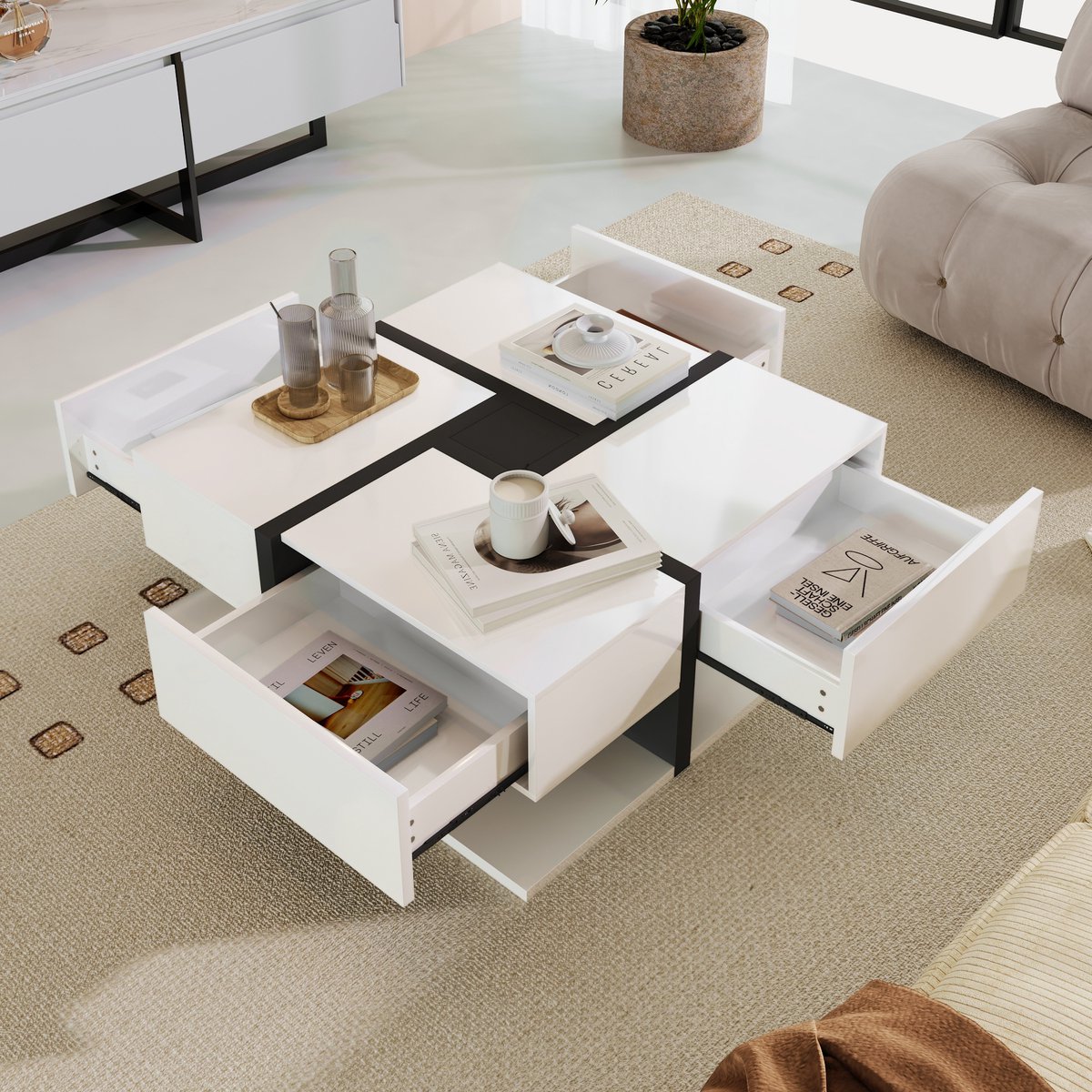 HAUSS SPOLE Salontafels 78x78x36 cm - Koffietafel Hoogglans - Met Opbergruimte Onder - Vierkant - Woonkamer Tafel - Spaanplaat - Wit