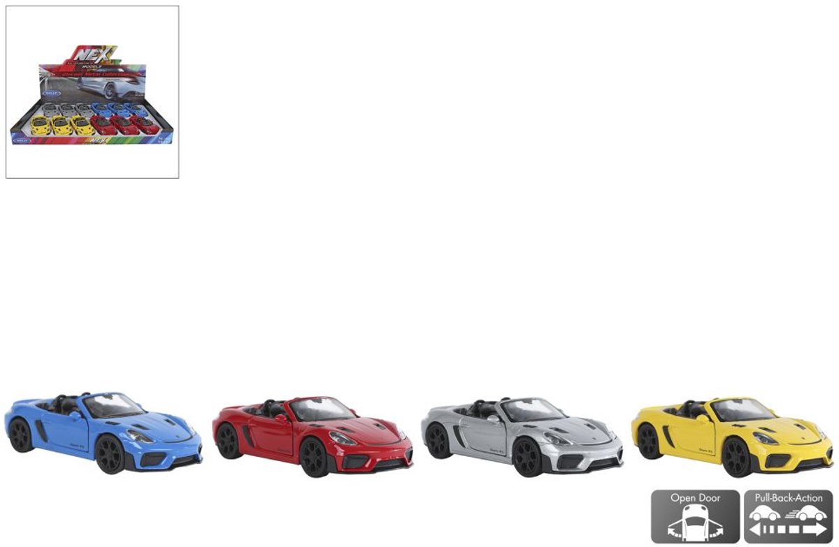 Welly Porsche 718 Spyder RS die cast pull back motor verkoop per stuk 12cm speelgoed auto