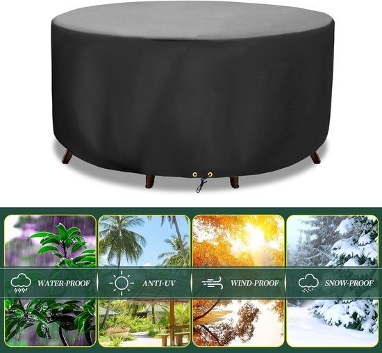 Zwarte ronde tafelhoes, 160 cm breed, 70 cm hoog. Beelden tonen bescherming tegen water, uv-stralen, wind en sneeuw.