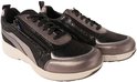 Grijze en zwarte dames sneakers met rits en veters, zilverkleurige details.