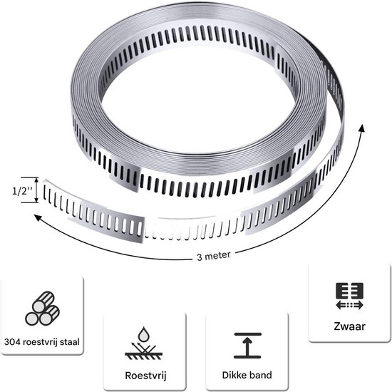 RVS Slangklemmen Set - Metalen Beugels met Schroef - 3m Band + 8 Klemmen - Verstelbare Wormschroef Slangklemmen - Voor Buis, Conduit, Duct - Zilver - 9-delig van Merkloos — afbeelding 3
