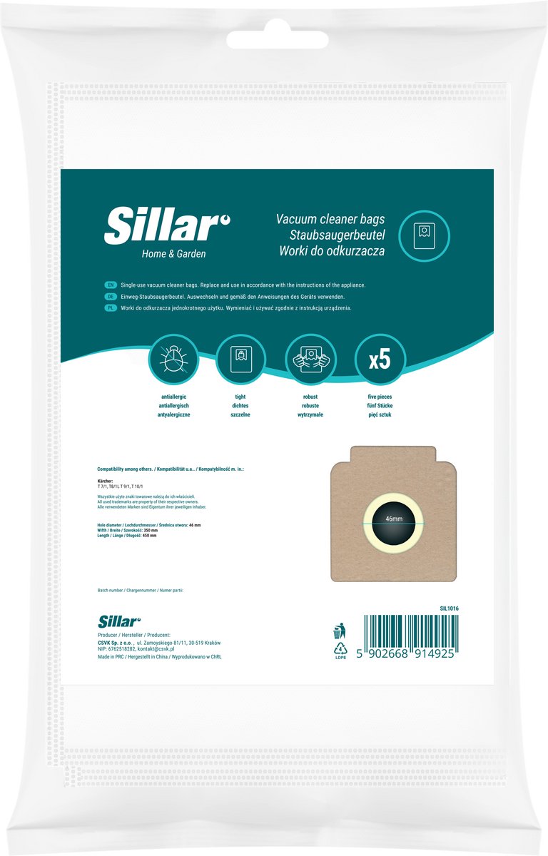 Sillar, stofzuigerzakken, synthetisch, anti-allergeen, voor eenmalig gebruik, vervangbaar, geschikt voor Karcher T7/1 T8/1L T9/1 T10/1 stofzuigers, 5 stuks