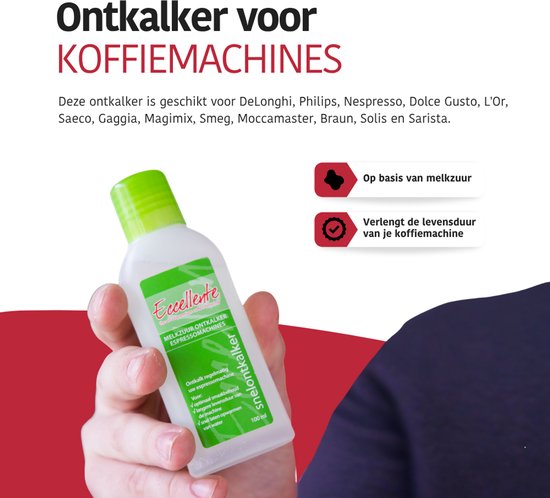 Hand houdt flesje Eccellente melkzuur ontkalker vast. "Op basis van melkzuur" en "Verlengt de levensduur van je koffiemachine".