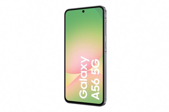 Grijze Samsung Galaxy A56 5G smartphone, scherm toont 'Galaxy A56 5G'.