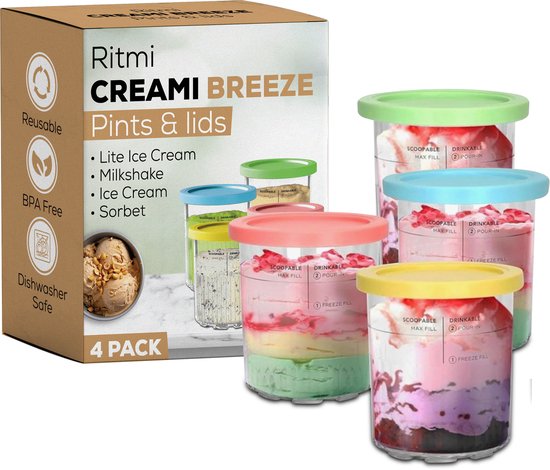 IJsbekers voor Ninja Creami Deluxe ijsmachine– Ritmi - Ijsmaker – Ijsvormpjes – Milkshake Beker – IJs Maken - Multi Color -NC500 - 4 stuks - containers compatibel met NC501EU & NC500EU Serie - BPA-vrij, vaatwasmachinebestendig, diverse kleuren
