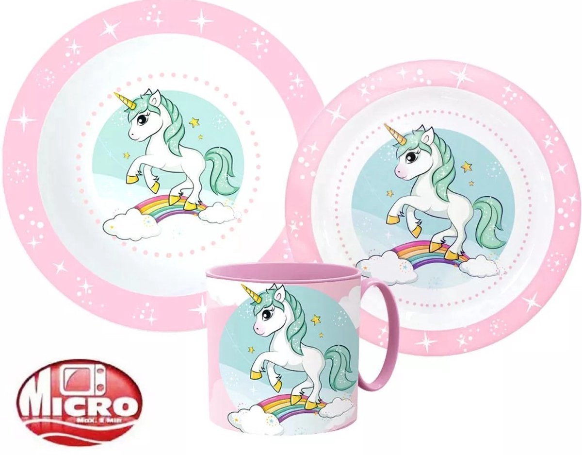Unicorn Ontbijtset 3-delig – Bord, Bakje & Beker met Oor – Magisch Kinderservies – BPA‑vrij