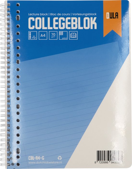 DULA collegeblok A4 met blauwe en witte kaft. Met 32 ringen, 70 g/m², gelinieerd.