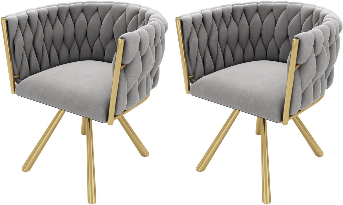 Merax Fluwelen eetkamerstoel - set van 2 - Eenpersoons Deluxe Woonkamer - Slaapkamer Draaistoel - Lounge Draaistoel - Metaal - Grijs en Goud
