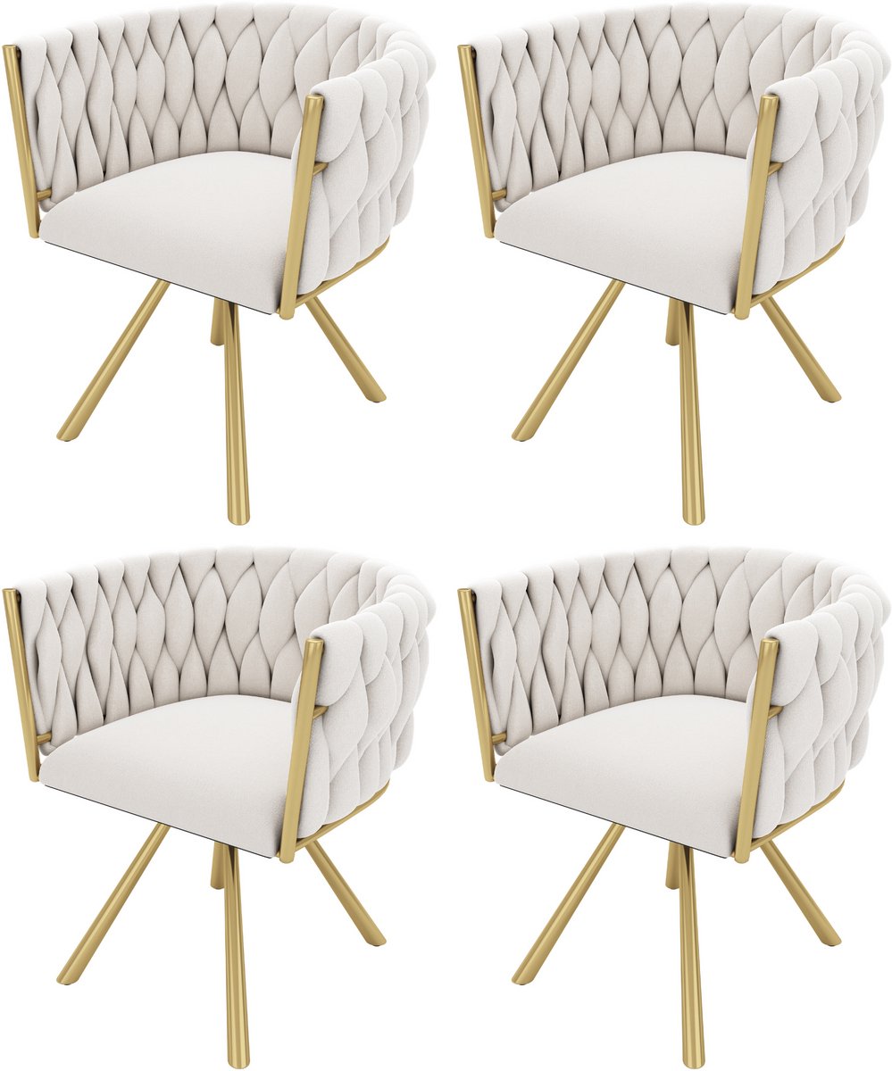 Merax Fluwelen eetkamerstoel - set van 4 - eenpersoons deluxe woonkamer slaapkamer draaistoel - lounge draaistoel - beige en goud