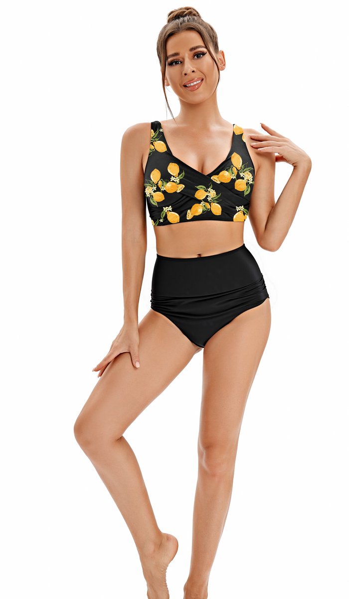 Vrouwen Bikini Set V Hals Halternek Wrap Look,Cross, Hoge Taille Bikini Zwemkleding Bloemen Patroon Tweedelig Zwempak — afbeelding 2