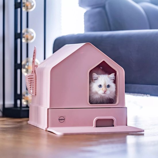 Kattenbak, kattentoilet, met deksel, afneembaar dienblad, schep, gesloten kattenbakvulling met uv-sterilisatie (44,5 x 36,5 x 34,5 cm, roze