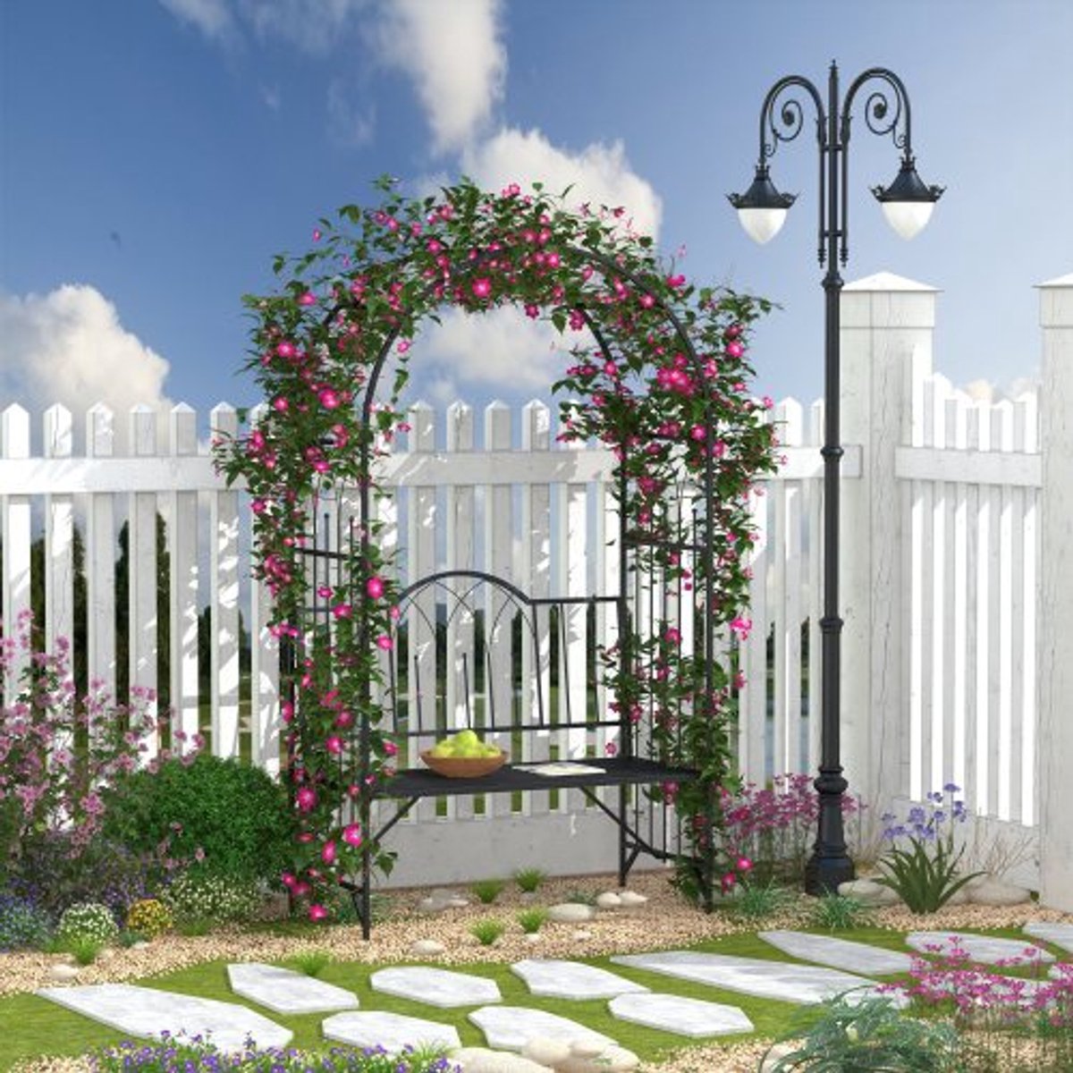 Rozenboog met bankje 121x50x203 cm, zwart metaal, prieelbankje filosofenbankje, klimhulp voor tuin & terras