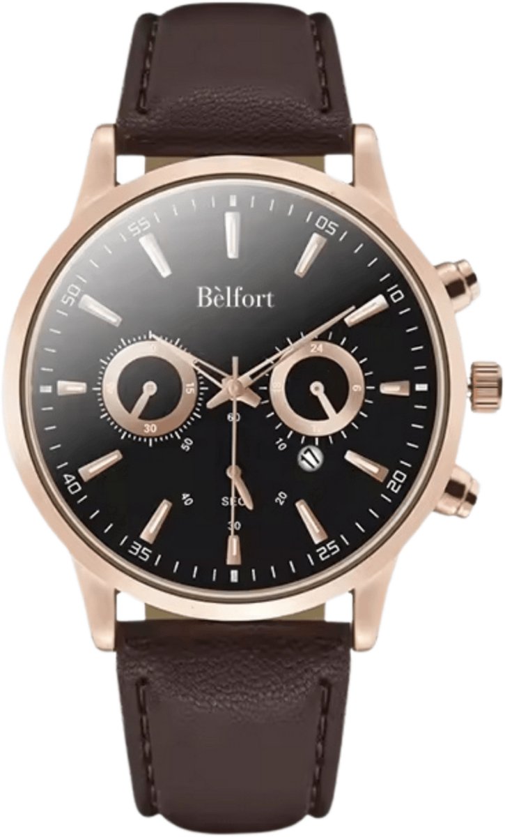 Bèlfort Montclair Horloge Heren Leer - Bruin - Brown Gold - Premium Lederen Horloge Band - 43mm - Water Resistance Watch