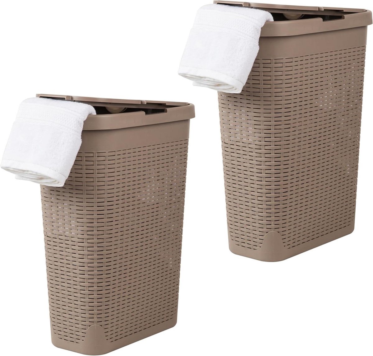 Slim Laundry Basket 40L Capacity Cut-Out Handles Attached Hinged Lid Vented Set of 2 Brown Basket Collection