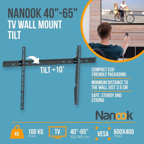 Nanook platte TV steun voor 40-80 inch (102-203 cm) TVs, TV Beugel ook geschikt voor LED-, QLED- en OLED-televisies, Universeel passend, VESA 100x100 tot 600x400, Zwart