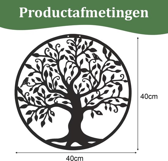 Décoration d'arbre de vie en métal noir de 40x40cm avec des branches et des feuilles détaillées, représentée avec des dimensions.