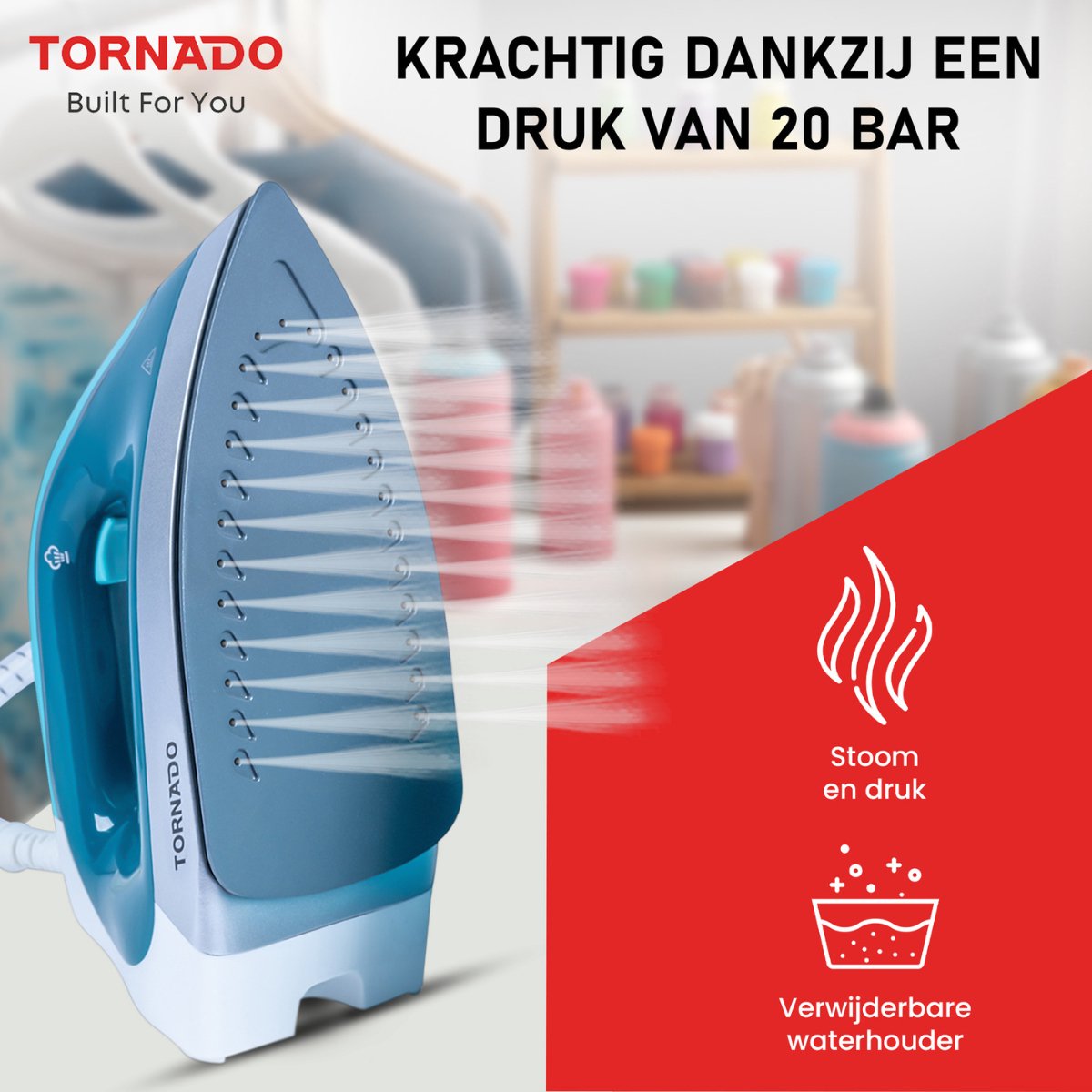 Tornado TSS-2400D - Stoomstrijkijzer station - 2400W - 1,8l - Keramische zoolplaat - Wit, Blauw — afbeelding 4