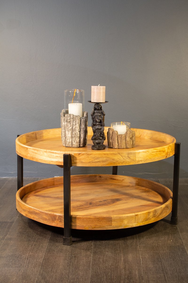 Salontafel – Rond Mangohout & Metaal – 2-Lagen Tafel met Opstaande Rand