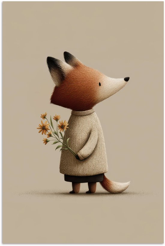 Poster 40x60 cm - Vos - Gele bloemen - Minimalistisch - Posters - Kamer decoratie - Wanddecoratie woonkamer - Muurdecoratie slaapkamer