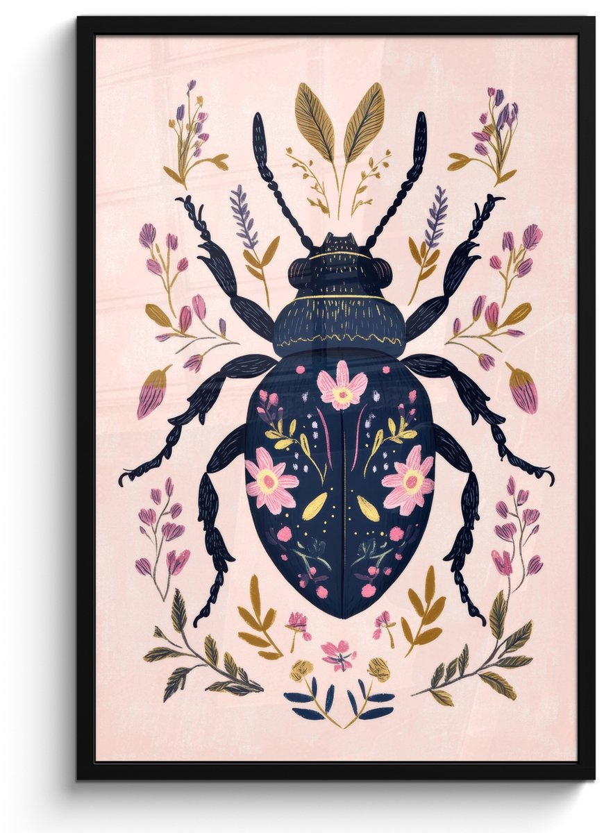 FrameYourWall Poster in lijst - Fotolijst 60x90 cm - Posters - Donkerblauw - Kever - Bloemtakken - Sierlijk - Posterlijst zwart - Decoratie - Wanddecoratie woonkamer - Muurdecoratie slaapkamer Kever - Bloemen