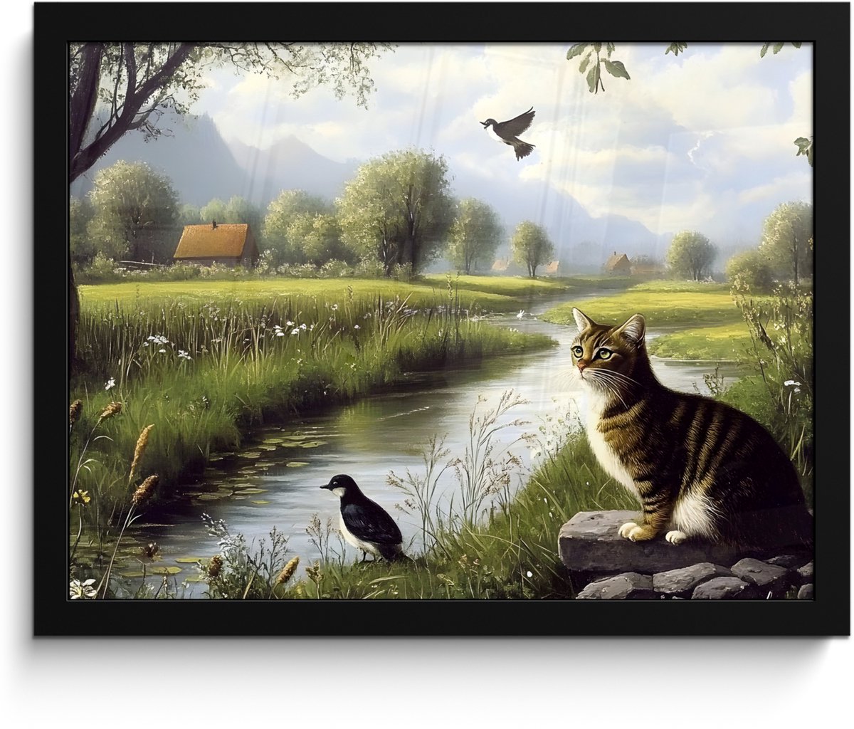 FrameYourWall Poster in lijst - Fotolijst 40x30 cm - Posters - Kat - Beekje - Weide - Posterlijst zwart - Decoratie - Wanddecoratie woonkamer - Muurdecoratie slaapkamer Kat - Natuur