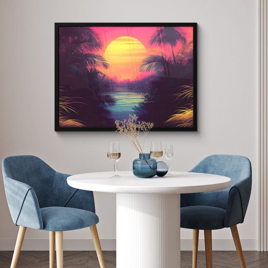 Poster in lijst - Fotolijst 80x60 cm - Posters - Zon - Geel - Palmbomen - Tropisch - Posterlijst zwart - Decoratie - Wanddecoratie woonkamer - Muurdecoratie slaapkamer