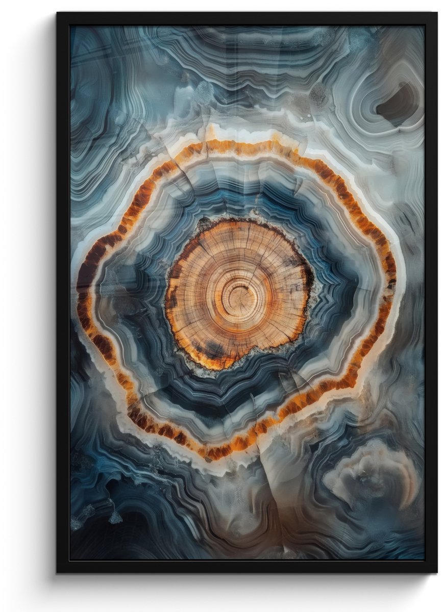 FrameYourWall Poster in lijst - Fotolijst 60x90 cm - Posters - Cirkel - Ringen - Steen - Tinten - Posterlijst zwart - Decoratie - Wanddecoratie woonkamer - Muurdecoratie slaapkamer