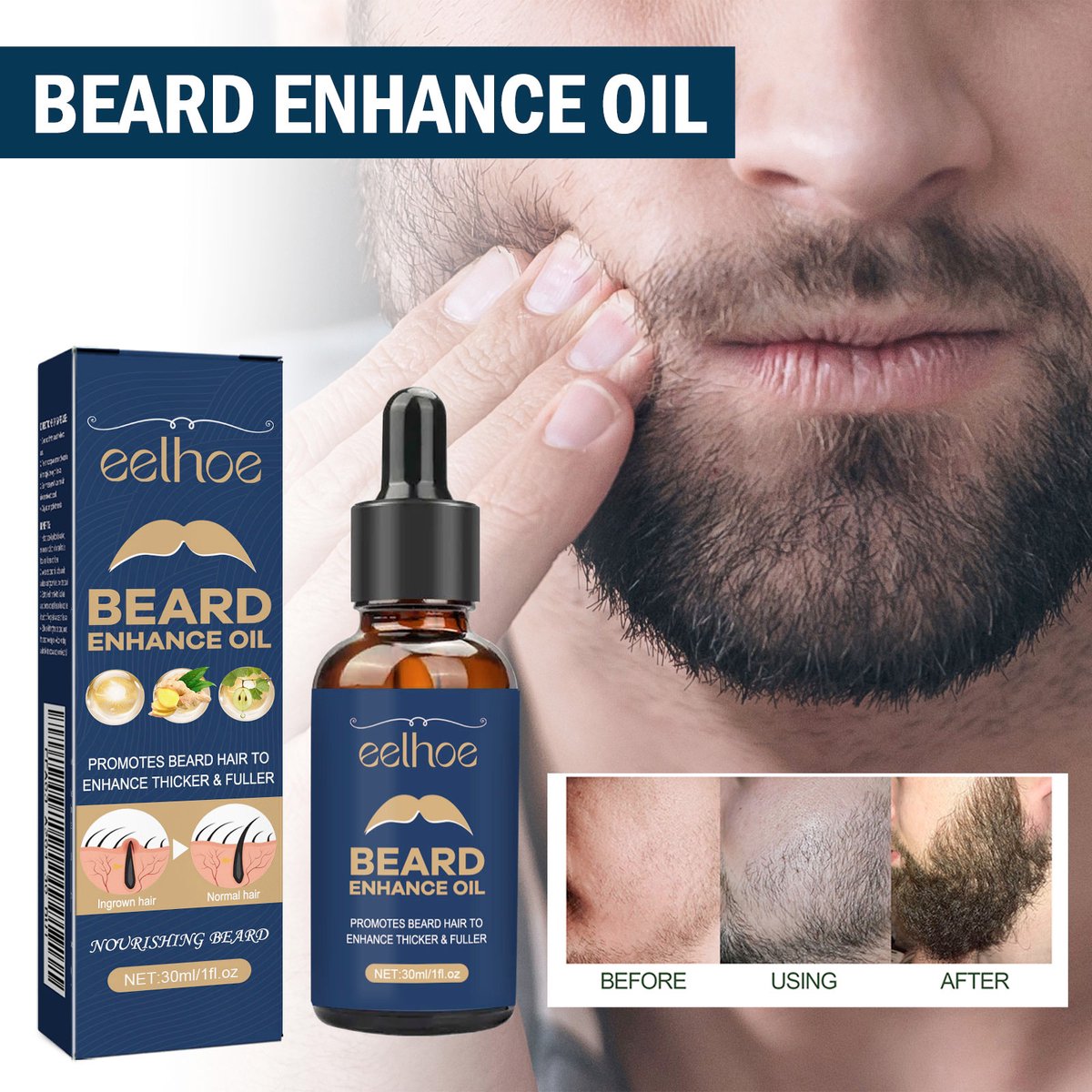 EELHOE Baardolie - Voor een Vollere & Zachtere Baard - Hydraterende Baardverzorgingsolie - Tegen Jeuk & Roos - 30ml