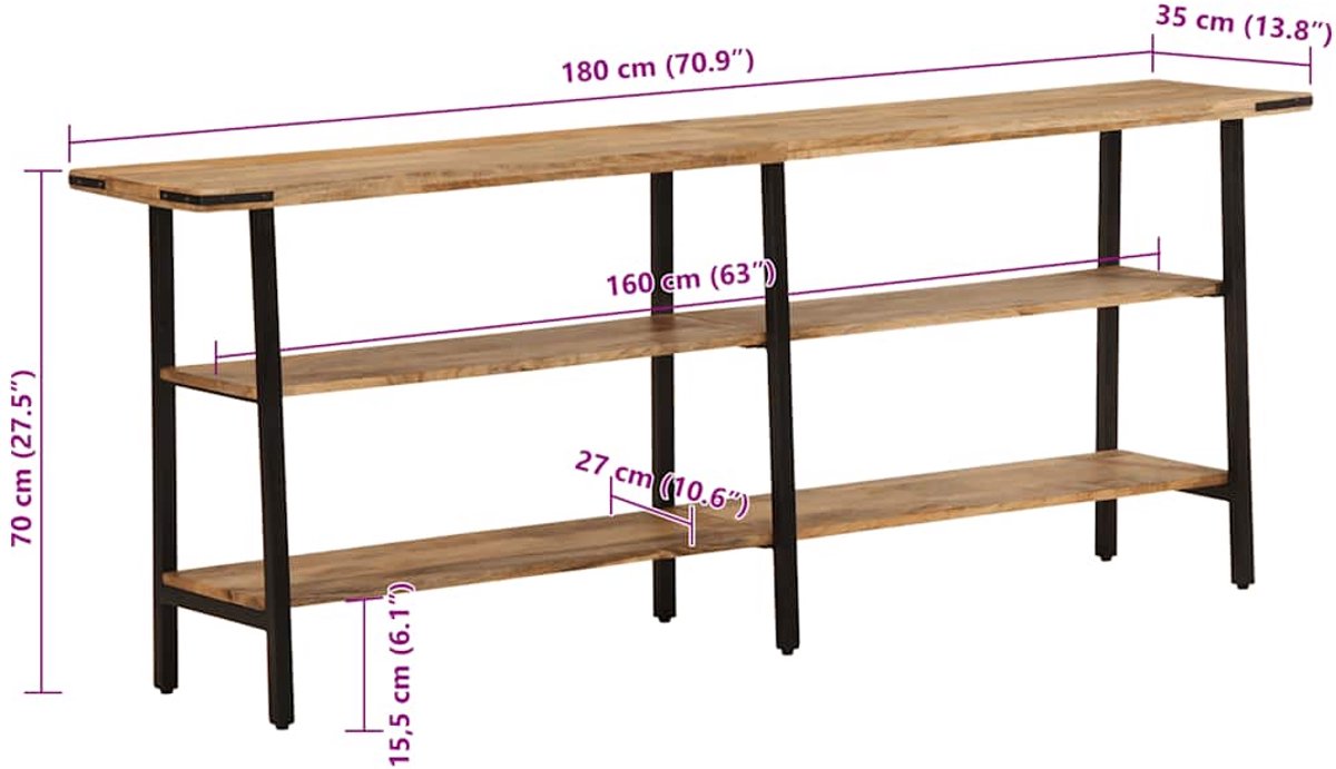 vidaXL Wandtafel - 180x35x70 - cm - massief - mangohout Bruin
