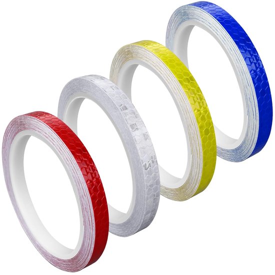 4 rouleaux - 1 cm * 8 m - Ruban réfléchissant - marquages de sécurité autocollants - bandes réfléchissantes - autocollants réfléchissants - ruban d'avertissement - pour la visibilité - pour véhicules et casques d'extérieur - blanc, jaune, rouge, bleu