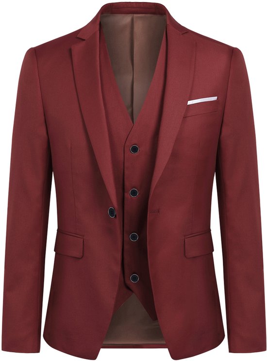 Donkerrode blazer met bijpassende gilet, drie knopen en borstzakje met witte zakdoek.