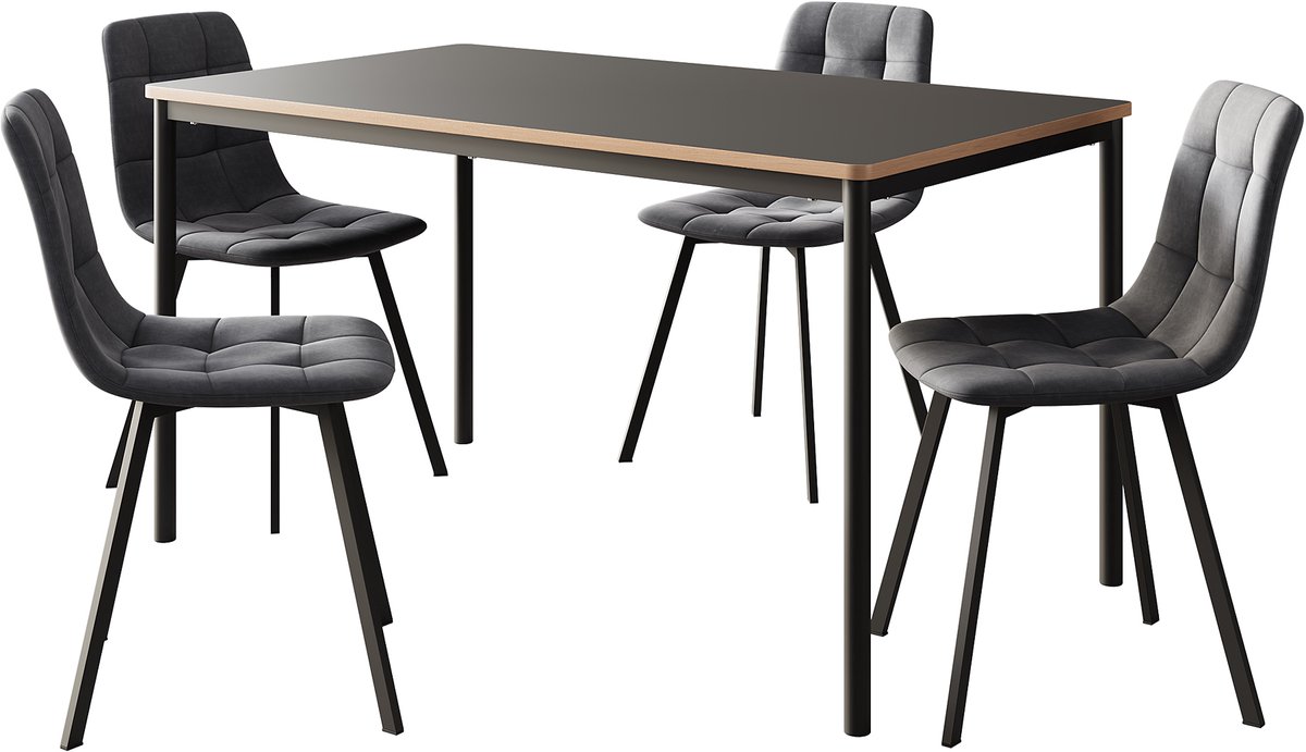 en.casa Eetkamerset Lindesberg 5-delig met 140x80 cm [en.casa] grijs, eikenkleurig, zwart, donkergrijs