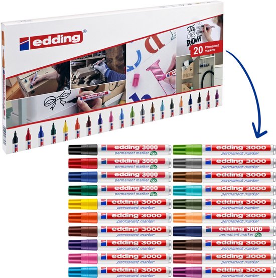 edding 3000 permanent marker set alle 20 kleuren in bewaardoos - 20 stiften - ronde punt 1,5-3 mm - water en wrijfvast - voor karton, kunststof, hout, metaal, etc. - alcohol markers voor volwassenen