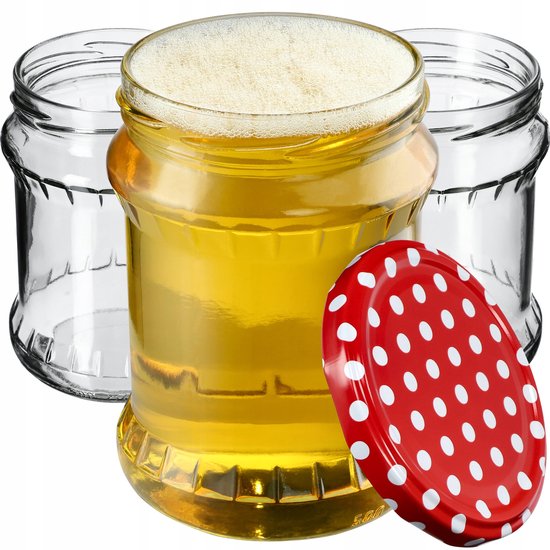 KADAX Inmaakpotten, 500 ml, bewaarpotten met schroefdeksel, inmaakpotten, jampot, voorraadpot, conservenglas, ronde potten (rood gestippeld/8 stuks)