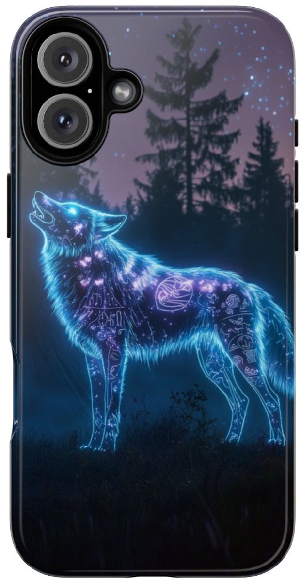 Gloeiende Wolf met Oeroude Symbolen – Telefoonhoesje Geschikt voor iPhone 16 Plus