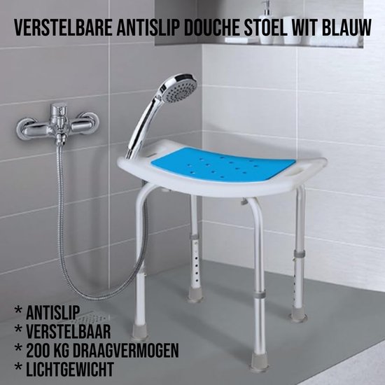 Chaise de Douche réglable Allernieuwste .nl® Wit et Blauw – Hauteur 39–52 cm – Compact 52×31 cm – Antidérapant