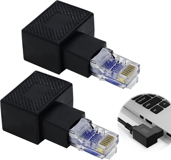 Foto: Pack of 2 90 degree ethernet adapters rj45 plug on jack right and left corner voor netwerk verbinding compatibel met switch modem router pc netwerk printer shielding